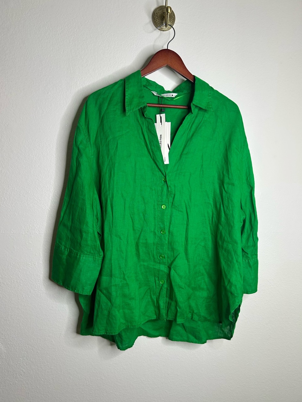 Zara 100% Linen Bright Green Boxy Fit Short Sleeve Slouchy Button Down Tunic Top